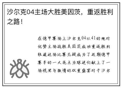 沙尔克04主场大胜美因茨,重返胜利之路!