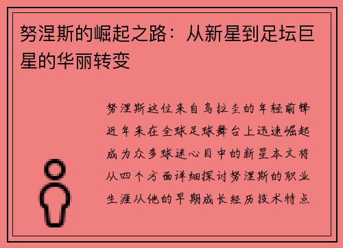 努涅斯的崛起之路:从新星到足坛巨星的华丽转变