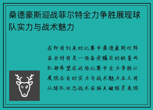 桑德豪斯迎战菲尔特全力争胜展现球队实力与战术魅力