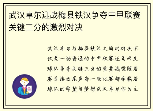 武汉卓尔迎战梅县铁汉争夺中甲联赛关键三分的激烈对决
