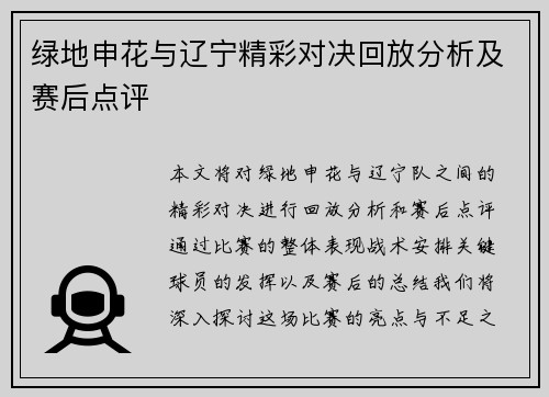 绿地申花与辽宁精彩对决回放分析及赛后点评