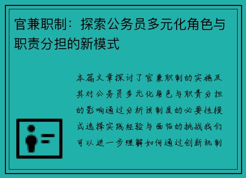 官兼职制：探索公务员多元化角色与职责分担的新模式