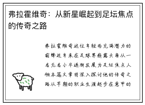 弗拉霍维奇：从新星崛起到足坛焦点的传奇之路