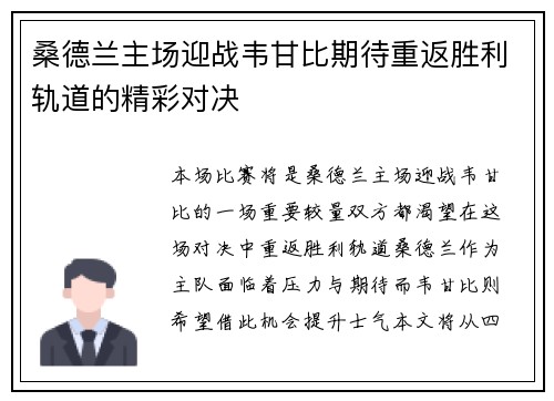 桑德兰主场迎战韦甘比期待重返胜利轨道的精彩对决