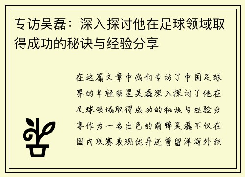 专访吴磊：深入探讨他在足球领域取得成功的秘诀与经验分享